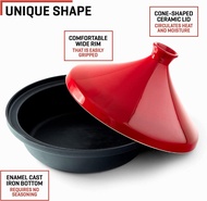 【จัดส่งภายใน 24 ชม】Cast Iron Pot Casa Tagine Pot moroccan for cooking - 3.65-Quart Moroccan Tajine with Enameled Cast Iron Base and Ceramic Cone-Shaped Lid, High-Quality Cookware- Red Double Oven Mitts Included