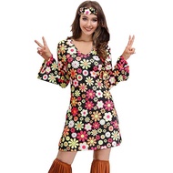 Women Hippie Costume 70s Peace Love Dress Adult Retro Disco Printed Long Sleeve Dress With Headband 