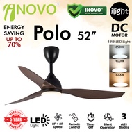 INOVO POLO 52 Inches DC Motor 3C LED 16 Speeds (8F+8R) 3 ABS Blades Remote Control Ceiling Fan Kipas
