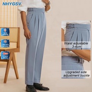 MEASOM Men's gurkha pants Adjustable Waist Anti-wrinkle Fabric Blue High Waist Pants【B258】