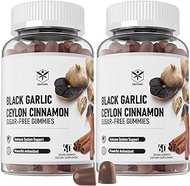 2 Pack Aged Black Garlic Supplements 1000mg Plus Organic Ceylon Cinnamon and Chromium - Supports Blood Pressure, Sugar Metabolism, Cholesterol &amp; Immune Health - Less Odor &amp; Sugar-Free Gummies 120ct