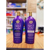 Biotin Shampoo & Collagen helps hair look thicker OGX bag