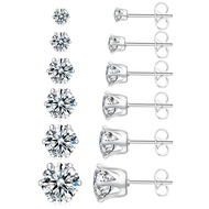 6 Pairs Stainless Steel Stud Earrings Set Hypoallergenic Cubic Zirconia 14K White Gold 316L CZ Earri