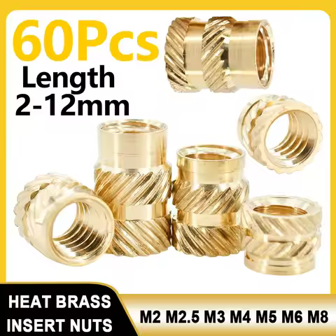 60Pcs M2 M2.5 M3 M4 M5 M6 Brass Heat Insert Nut Hot Melt Copper Inserts Nuts Double Twill Knurl Embe
