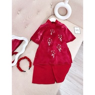 Set áo dài Tết bé gái G77 Áo dài cách tân hoa đính kết quần lụa kèm bờm cho bé gái