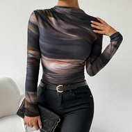 Women's Asymmetrical Mesh Long Sleeve Gradient Top Mesh Top