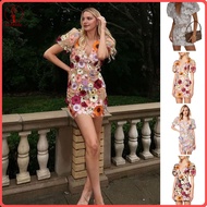 fulaide Women Mini Dress Colorful Embroidered Flower Decor Short Dress V-neck Puff Short Sleeve Hip 