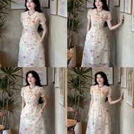 Amy desig designed dress, soft silk chiffon dress with rose motifs, short sleeves, long lotus collar