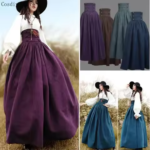 Vintage Renaissance Pleated Maxi Corset Button Skirt Women Costume Maxi Long Victorian High Waist Sw