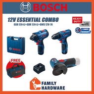 BOSCH 12V Essential Combo GDR120-LI Cordless Impact Driver GSR120-LI Cordless Drill/Driver GWS12V-76 Cordless Grinder