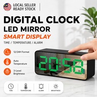 LED Mirror Digital Clock Jam LED Cermin Smart Alarm Time Temperature Display Snooze 12/24H Jam Meja 