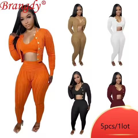 5pcs Bulk Items Wholesale Lots Knit Long Sleeve 3 Piece Set Outfits for Women 2025 Fall Fashion Pant