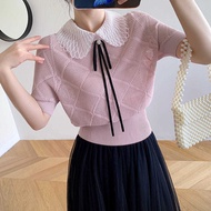 Summer New Style Korean Style Lace Stitching Short-Sleeved Knitted T-Shirt Women Fashion All @-