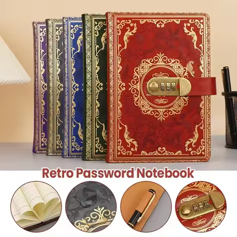 A5 Retro Digital Password Notebook Journal with Lock Diary PU Leather Privacy Notebook Sub-Password