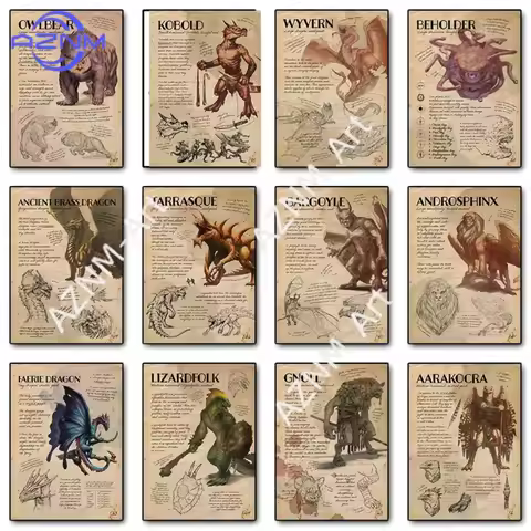1pc Retro D&D Monster Manual Game Posters Dungeons & Dragons Canvas Printing Wall Art Picture for Ga