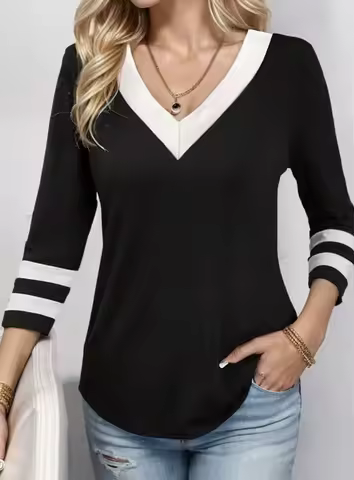 Women's color block splicing loose V neck 7 points sleeve casual T-shirt spring and autumn summer th