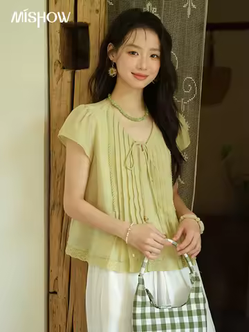 Clothing MISHOW V-neck Lace Blouses MISHOW Fashion V-neck Lace Up Blouses for Woman 2026 Summer New 