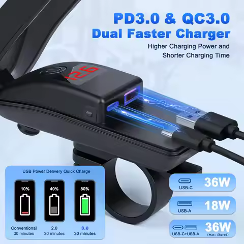 36W Handlebar Motorcycle USB Fast Charger with Switch Voltmeter USB Type C Charger Adapter For Phone