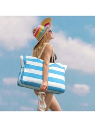 條紋帆布夏季海灘袋，大容量購物袋，時尚手提袋旅行用，終極戶外手提袋：防水，條紋10-20L袋，可折疊和拉鍊 - 理想的海灘，旅行和露營