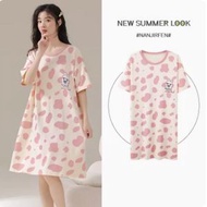 ONE - 夏季純棉布料中長款睡衣睡裙【粉紅色泡泡】【M-2XL碼】【下單後聯系客服確認尺碼】#F078032446