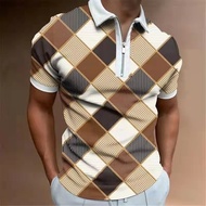 Global Hot Sale Digital Printing Striped Plaid Pattern Men's Short-Sleeved Polo T-Shirt Comfortable Breathable Polyester Fabric Zipper Style Lapel Top