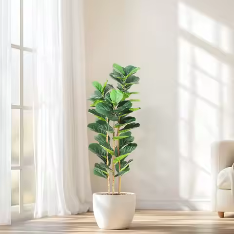Artificial Fiddle Leaf Fig Tree with White Planter, 5/6/7 ft Tall Fake Plant with Natural Wood Trunk