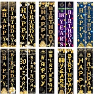 10 Options Happy Birthday Porch Banner Set with Gold Glitter Crown Balloon Cake Design for All Ages 