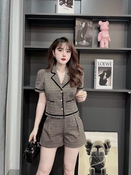 Sét bộ đùi thời trang nữ mặc đi chơi chất bố dạ vải shop cổ vest phối viền đen tay ngắn mix quần đùi