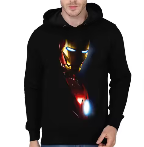 ​Marvel Iron Man Light Mask Hoodie Men's Black Cotton Pullover Glowing Arc Reactor Casual Streetwear