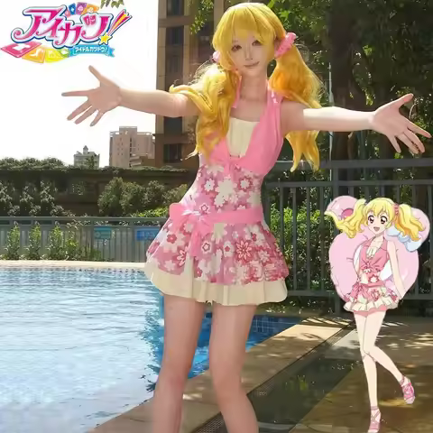 Aikatsu Ichigo Hoshimiya Cosplay Costume - Summer Pink Floral Ruffle Skirt Set with Bow for Anime Co