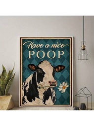 1入組,現代帆布動物高清印刷適用於客廳裝飾-A奶牛掛畫海報帶咬雛菊-搞笑適用於家庭裝飾邊框