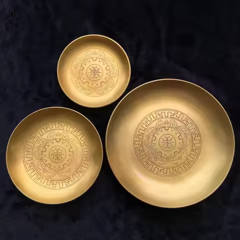 Buddhism Copper Plate 18cm Auspicious Tibetan Brass Engraving Dish Worship For Buddha Fruit Tray Des