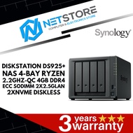 SYNOLYGY DISKSTATION DS925+ NAS 4-BAY RYZEN 2.2GHZ-QC 4GB DDR4 ECC SODIMM 2X2.5GLAN 2XNVME DISKLESS