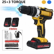 Electric Impact Drill Cordless Power Compact Drill 25+3 Torque  Home Handheld Drill with 2 Rechargea