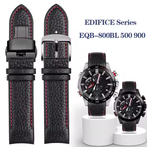 22mm Curved End Cowhide Leather Watchband For EDIFICE Casio EQB-800BL 500 501 900 Silicone Bracelet 