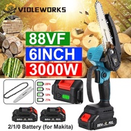 88V 6 Inches 3500W Mini Electric Chain Saw With Battery Indicator Rechargeable Garden Pruning Saw Woodworking Tool For Makita 18V Battery