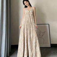 大碼波西米亞風V領印花吊帶連衣裙 春夏寬鬆腰拖地大擺長裙