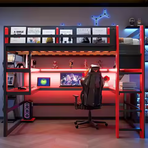 Full Size Loft Bed with Desk, Gaming Loft Bed with Storage Rack, RGB Light | Wood Loft Bed with Desk