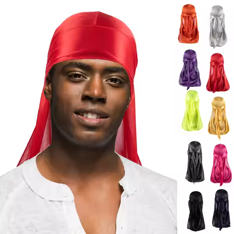 Solid Color Satin Durag, Soft Silky Stretch Headwrap for Men, Long Tail Wave Cap for Braids, Locs &