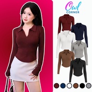 LONG-Sleeve T-Shirt with Zipper Collar Tear Drop Flap Ribbed Long Sleeve DD141, IOWA Bodycon Polo Co