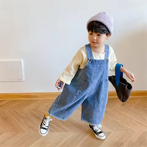 2025 Autumn New Children Loose Overalls Baby boys girls casual Jean Jumpsuit Solid Outwear Cloth 1-7