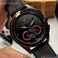 MASERATI手錶,編號,46mm黑圓形精鋼錶殼,黑色三眼, 中三針顯示, 運動錶面,黑紅色真皮皮革錶帶款,立體感十足!, 別樹一格!