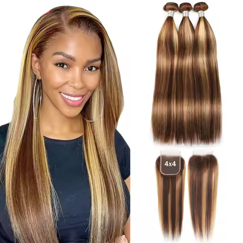 Straight P4/27 Highlight Human Hair Bundles with 4x4 Lace Closure 12A Brazilian Remy 100% Human Hair