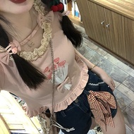 Eliza Women clothes korean cute lace bow bubble sleeve short t shirt slim navel-less crop tops