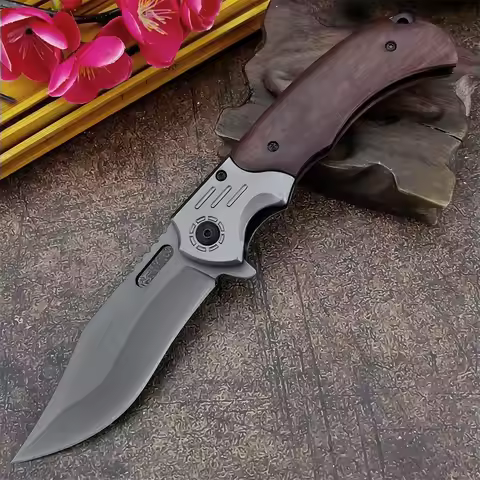 EDC Camping Folding Knife 3.66 Inch 5Cr13Mov Blade 420 Steel Inlaid Colored Wood Handle with Pocket 