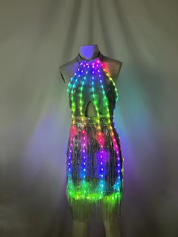 Rainbow LED Light Up Fringe Sequin Dress Sleeveless Halter Neck Glitter Evening Outfit EDM Carnival 