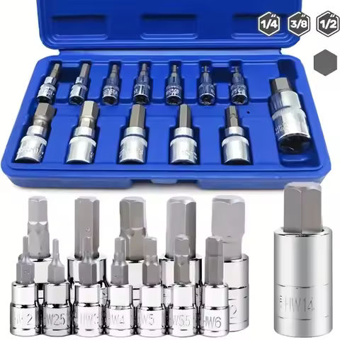 13PCS Metric H2-H14 Vanadium Steel Hexagon Socket Bit Kit, 1/4" 3/8" 1/2" Drive Tamper Proof Socket 