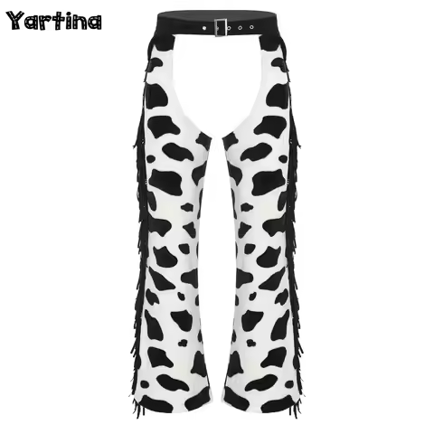 Mens Cow Spot Halloween Cowboy Chaps Cosplay Costume Pattern Flannel Long Pants Side Tassel Open Cro