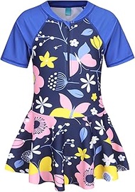 Girls' One-Piece Swimsuit with Skirt Swimwear Swimsuit for Girls with Zip, navy blue 142f, 7-8 Years