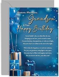 Luxury Grandson Birthday Card for Him - Blue and Gold Foil Happy Birthday Greeting Card for Grandson